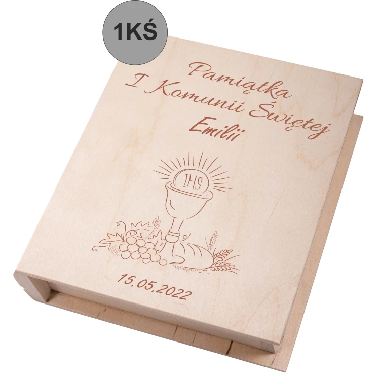 Biblia w drewnianym pudełku z grawerem. Pamiątka Pierwszej Komunii Świętej - obrazek 2