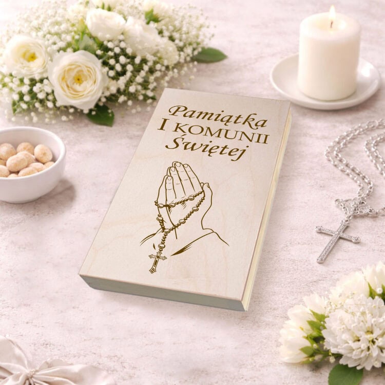 Drewniane pudełko na pieniądze. Pamiątka Komunii Świętej - obrazek 7