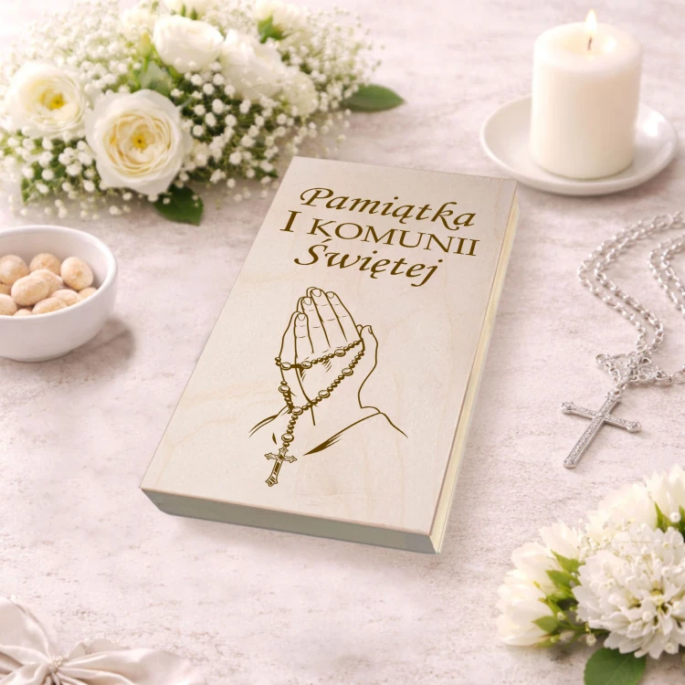 Drewniane pudełko na pieniądze. Pamiątka Komunii Świętej - obrazek 7