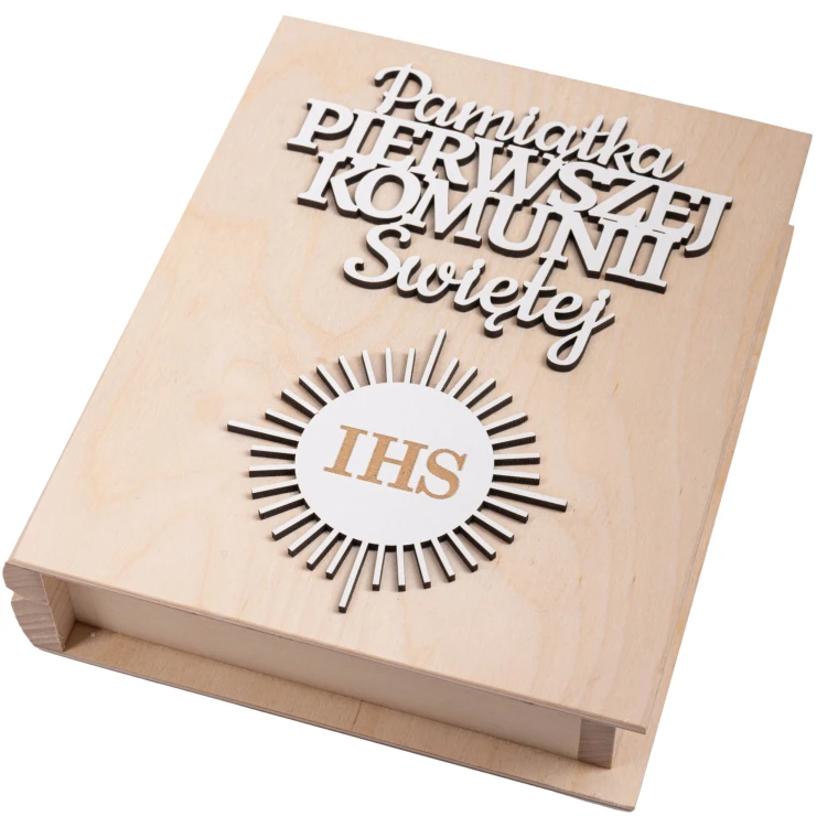 Biblia w drewnianym pudełku z napisem 3D. Pamiątka Pierwszej Komunii Świętej - obrazek 2
