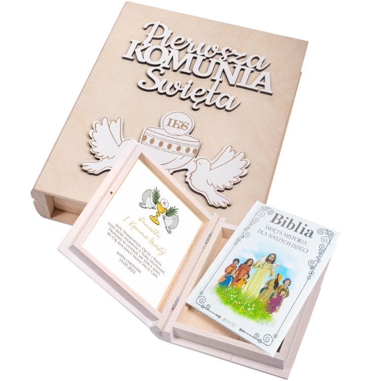 Biblia w drewnianym pudełku z napisem 3D. Pamiątka Pierwszej Komunii Świętej - obrazek 5