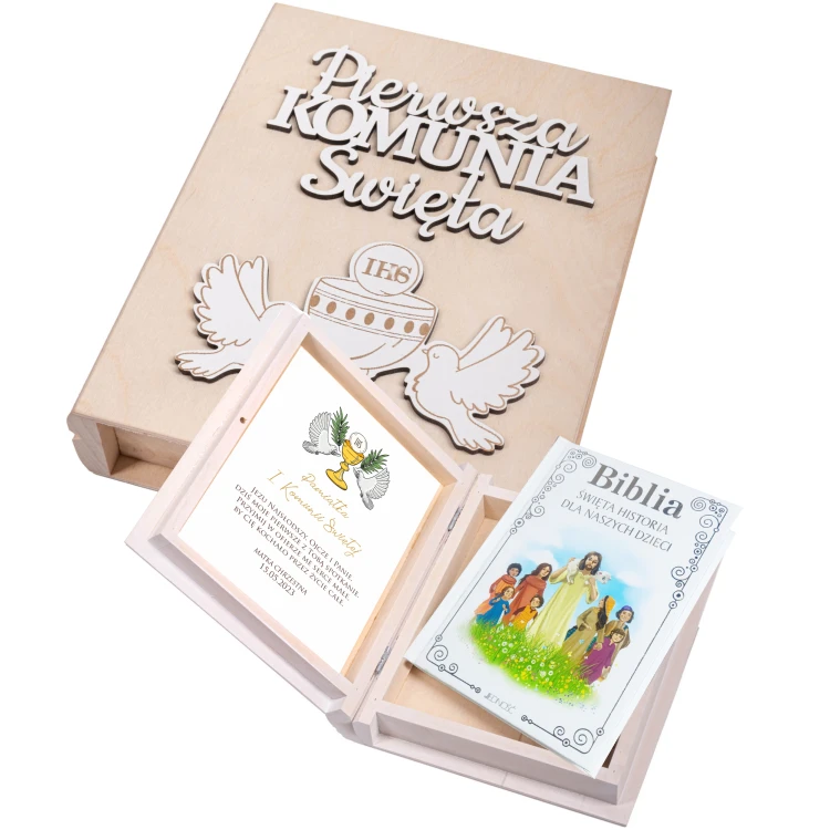 Biblia w drewnianym pudełku z napisem 3D. Pamiątka Pierwszej Komunii Świętej - obrazek 5