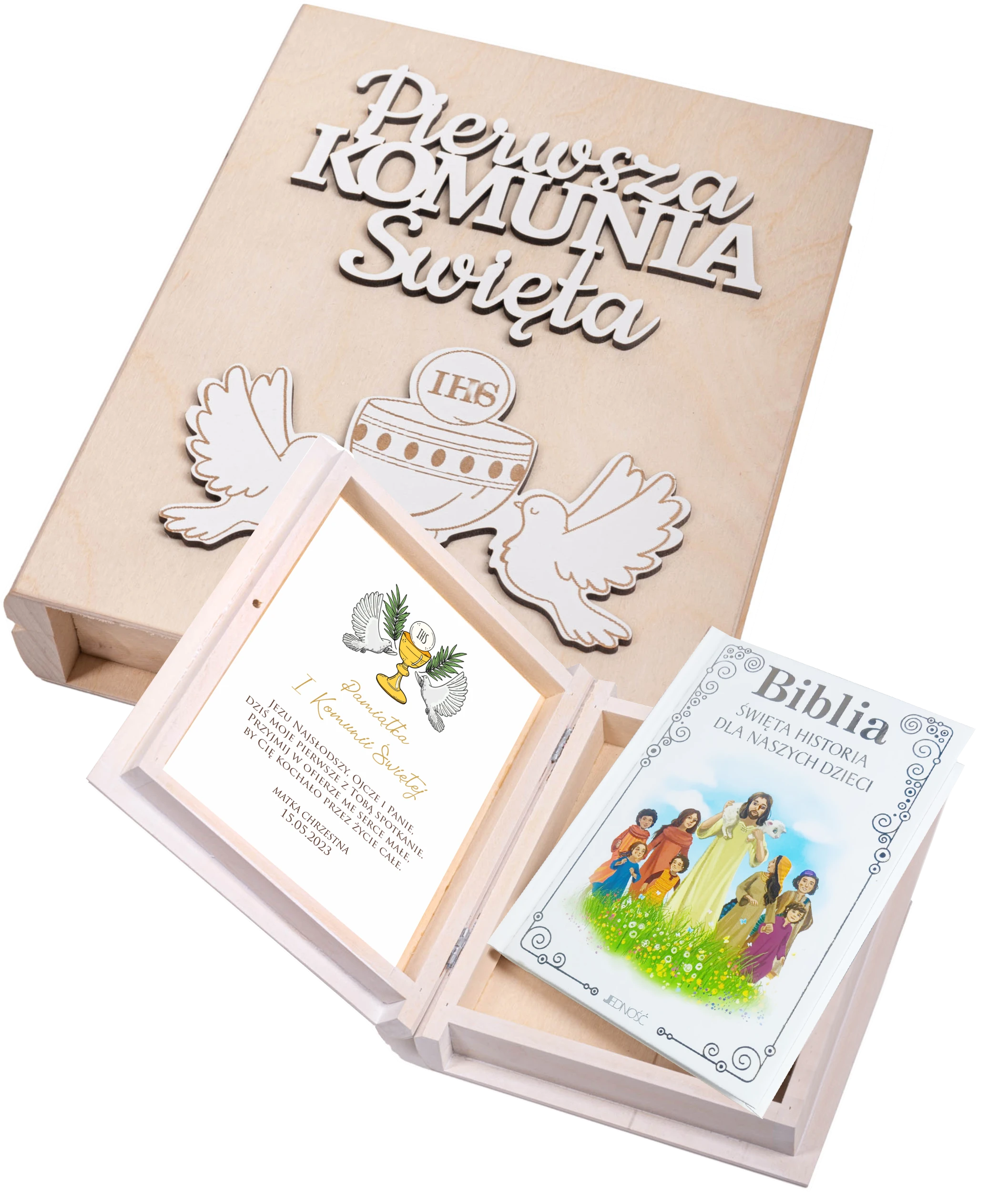 naklejana Biblia w drewnianym pudełku z napisem 3D. Pamiątka Pierwszej Komunii Świętej - obrazek 1