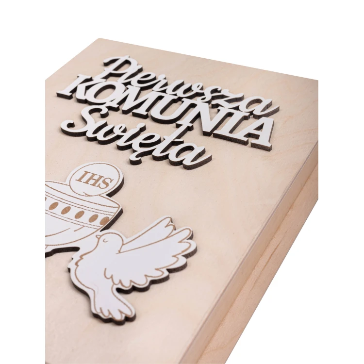 Biblia w drewnianym pudełku z napisem 3D. Pamiątka Pierwszej Komunii Świętej - obrazek 3