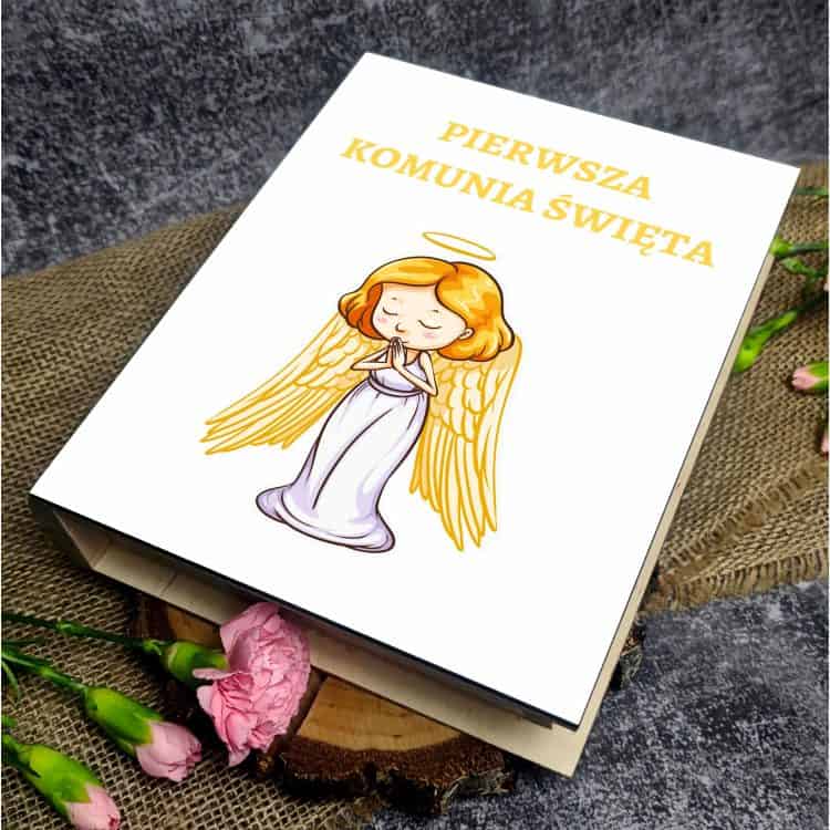 Biblia w drewnianym pudełku z nadrukiem. Pamiątka Pierwszej Komunii Świętej - obrazek 4