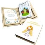Biblia w drewnianym pudełku z nadrukiem. Pamiątka Pierwszej Komunii Świętej
