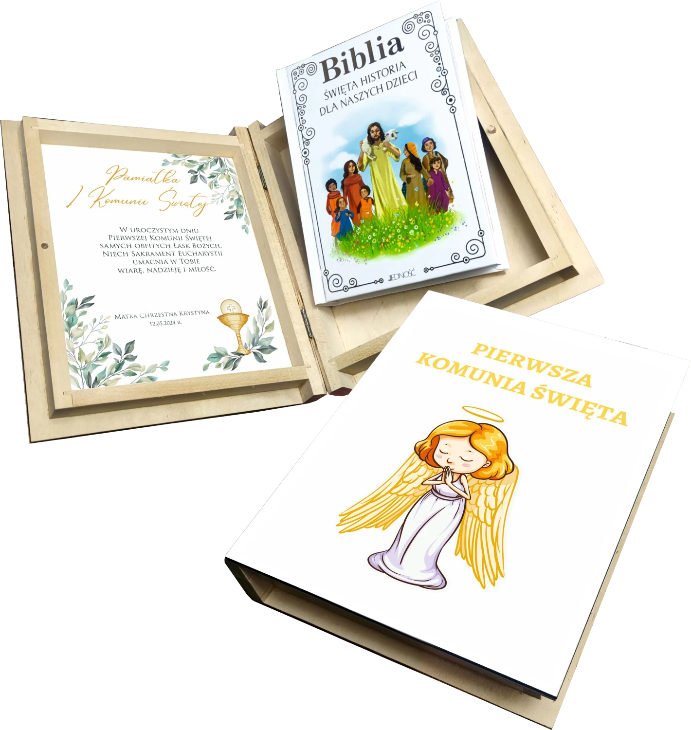 anioł zdjęcie główne Biblia w drewnianym pudełku z nadrukiem. Pamiątka Pierwszej Komunii Świętej - obrazek 1