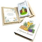 Biblia w drewnianym  pudełku z nadrukiem. Pamiątka Pierwszej Komunii Świętej