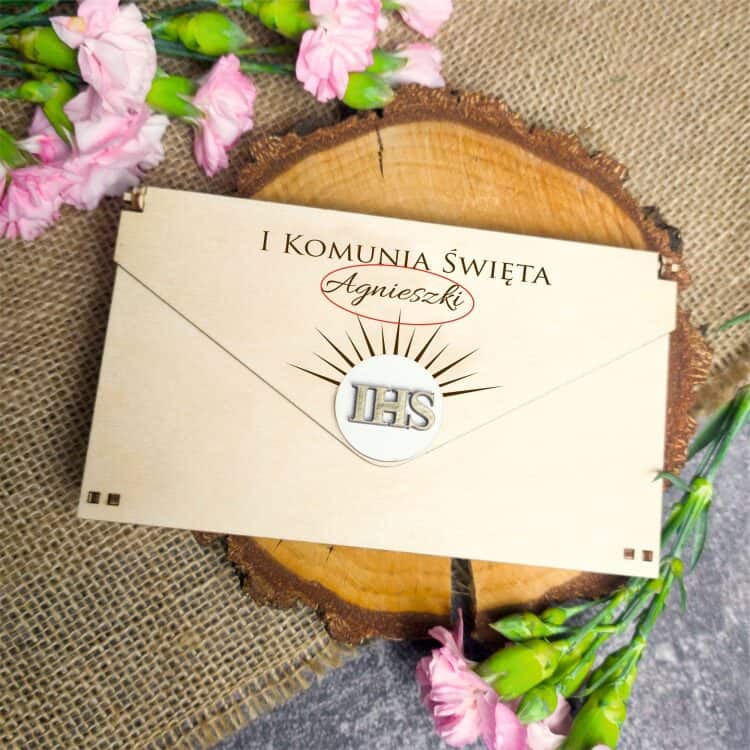 Elegancka Drewniana Koperta Komunijna z Hostią - Personalizowany Prezent na Pierwszą Komunię - obrazek 2
