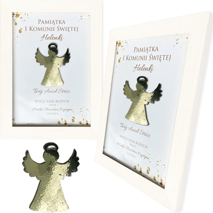 Obraz Pamiątka I Komunia Święta z Trójwymiarowym Aniołkiem - Ramka Biała Personalizowana - obrazek 3