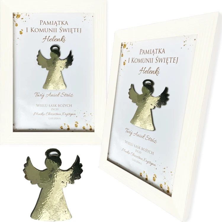 Obraz Pamiątka I Komunia Święta z Trójwymiarowym Aniołkiem - Ramka Biała Personalizowana - obrazek 3