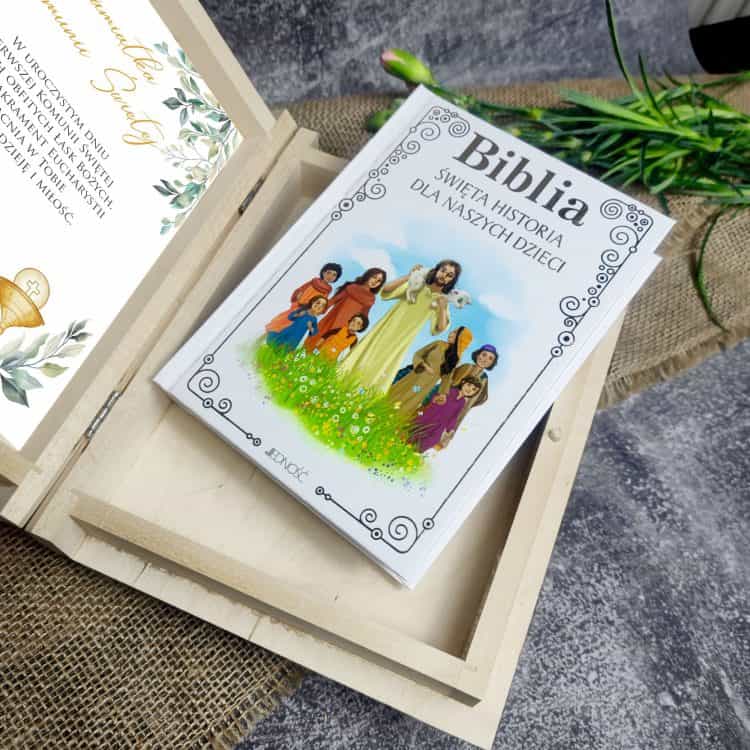 Biblia w drewnianym pudełku z nadrukiem. Pamiątka Pierwszej Komunii Świętej Prezent Komunijny - obrazek 5