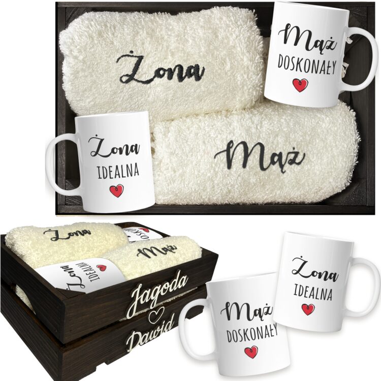 Drewniana skrzynka z haftowanymi ręcznikami i personalizowanymi kubkami na ślub - wyjątkowy podarunek dla nowożeńców. - obrazek 10