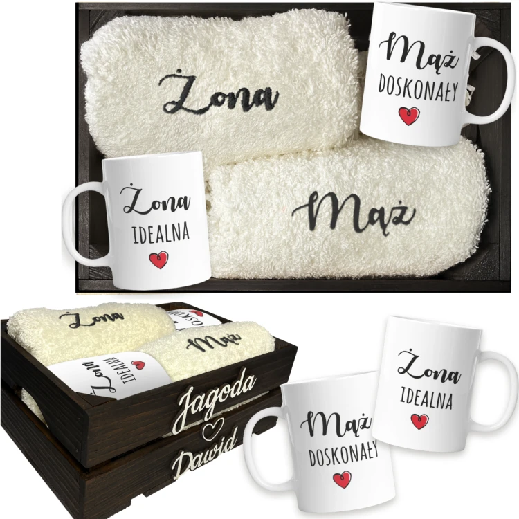 Drewniana skrzynka z haftowanymi ręcznikami i personalizowanymi kubkami na ślub - wyjątkowy podarunek dla nowożeńców. - obrazek 10