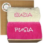 Zestaw ręczników z zabawnym haftem „Buzia i Pusia” w eleganckim pudełku – idealny prezent na Walentynki
