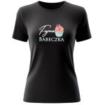 Szczegół nadruku „Fajna Babeczka” z grafiką babeczki na koszulce damskiej