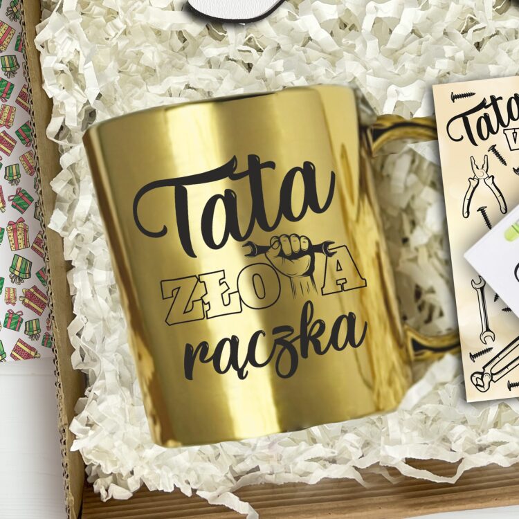 PREZENT DLA TATY ZESTAW PREZENTOWY ZŁOTY KUBEK MIARKA MAGNES BOX DZIEŃ OJCA - obrazek 3