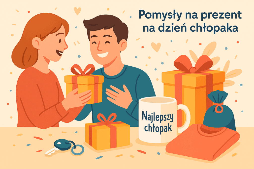 Uśmiechnięty chłopak odbiera personalizowany prezent – kubek i zestaw upominkowy na dzień chłopaka