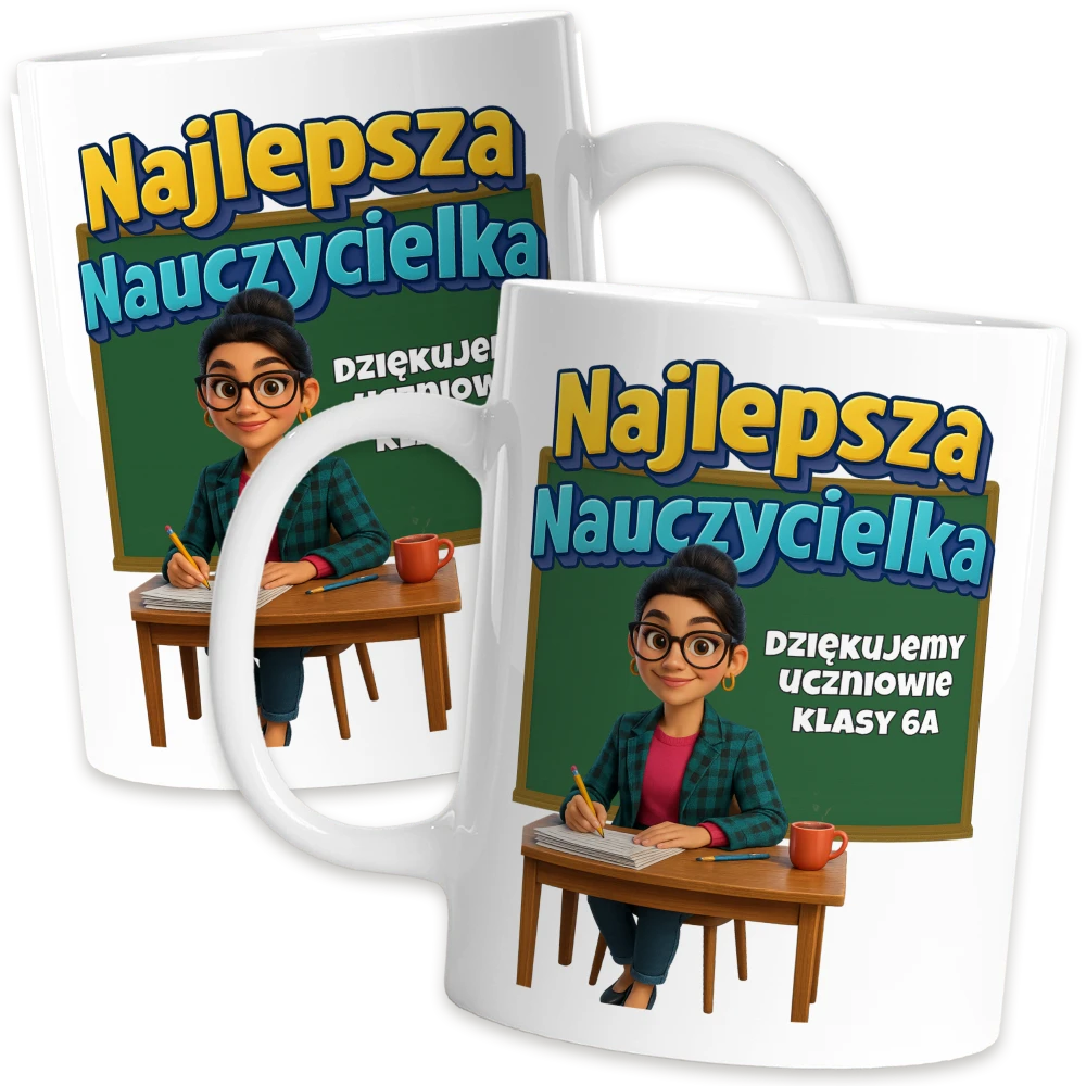 Kubek najlepsza nauczycielka — widok z przodu kubek z dedykacją dla nauczycielki