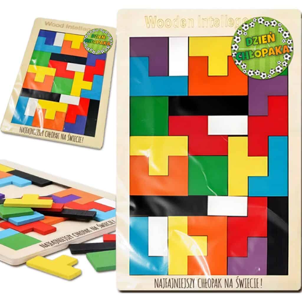 drewniane puzzle tetris na dzień chłopaka – 26 elementów w ramce