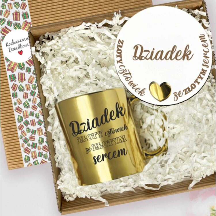 Upominkowy zestaw dla dziadka - złoty kubek 330 ml i podkładka w pudełku - obrazek 3