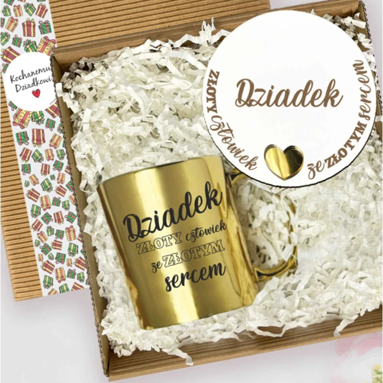 Upominkowy zestaw dla dziadka - złoty kubek 330 ml i podkładka w pudełku - obrazek 3