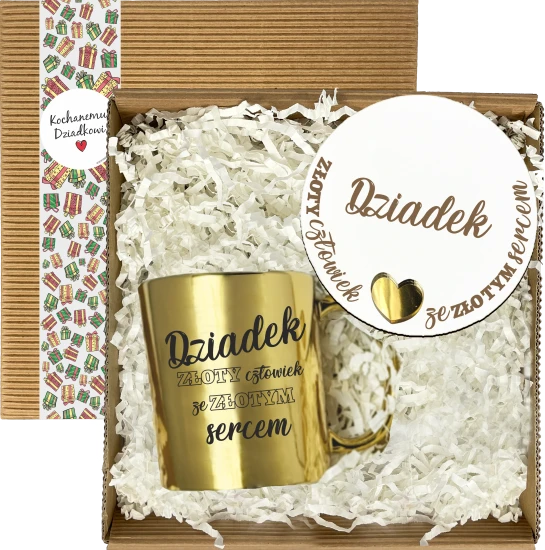 Zestaw z kubkiem 330 ml i podkładką w pudełku Upominkowy komplet w pudełku: złoty kubek 330 ml i podkładka pod kubek
