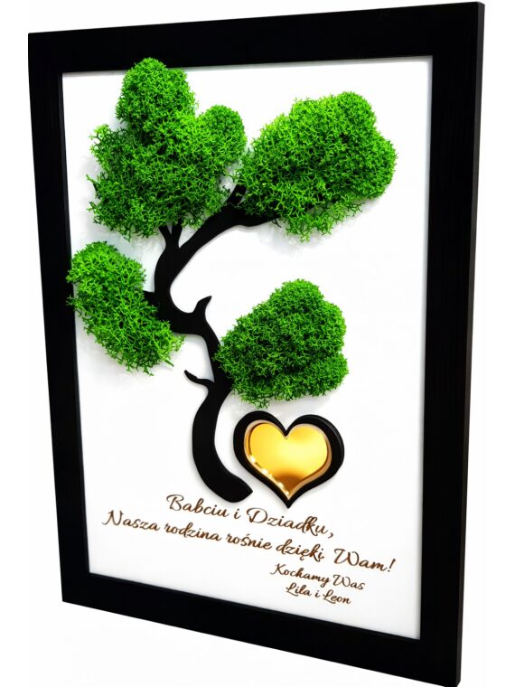 Obraz 3D w drewnianej ramie z drzewem z mchu i złotym sercem oraz grawerem
