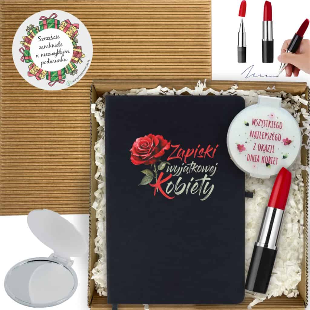 Komplet w pudełku: czarny notes, składane lusterko i długopis w kształcie szminki