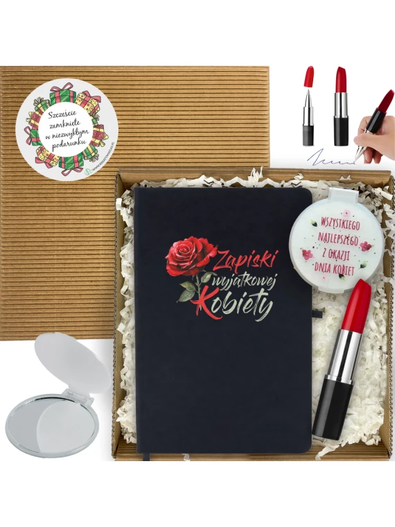 Komplet w pudełku: czarny notes, składane lusterko i długopis w kształcie szminki