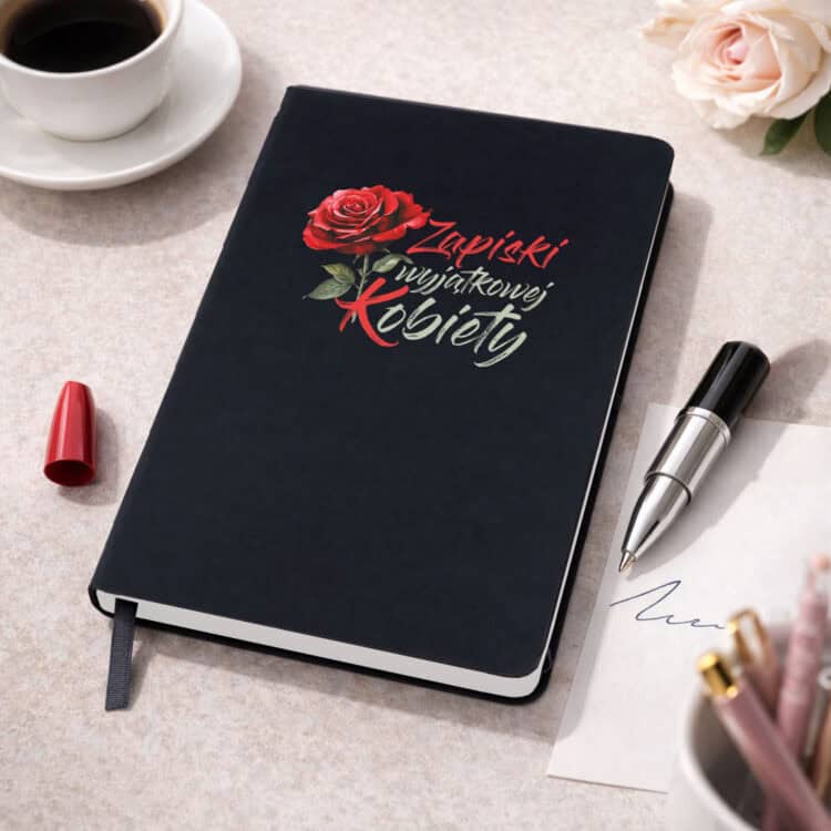 Czarny notes z czerwonym kwiatem i napisem na okładce, obok długopis, szminka i filiżanka