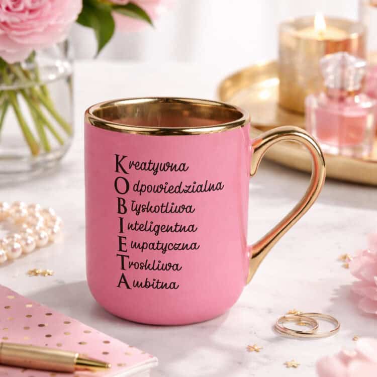 Box upominkowy dla niej w kartoniku 15x15 z różowym kubkiem i złotym uchem - obrazek 4