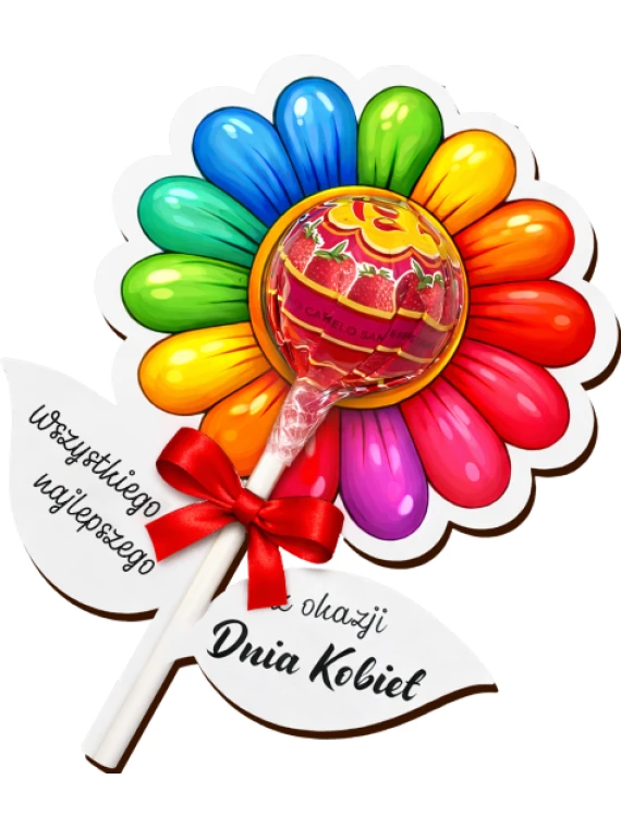 Kwiatek na lizak z kolorowym kwiatem, lizakiem i napisem „Z okazji Dnia Kobiet”