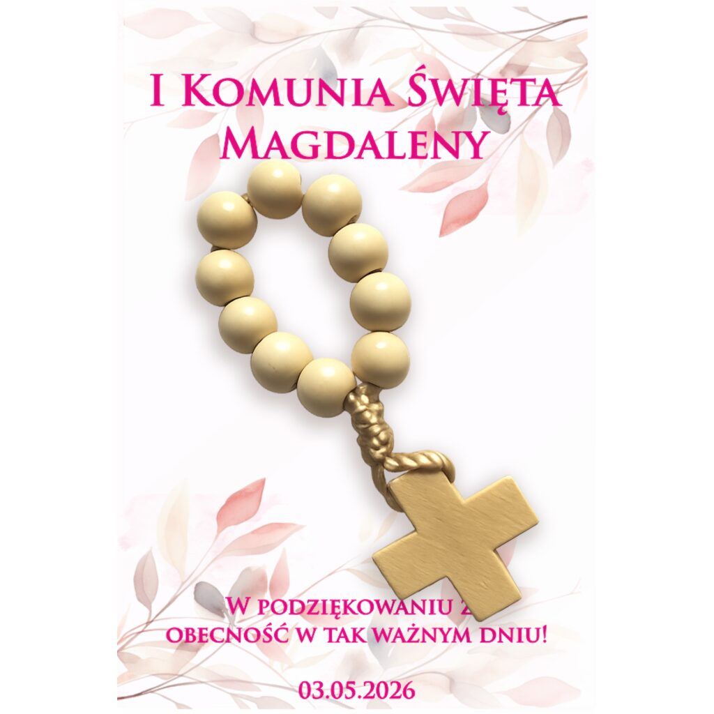 Bilecik komunijny z drewnianą dziesiątką różańca i personalizacją imienia