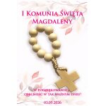 Bilecik komunijny z drewnianą dziesiątką różańca i personalizacją imienia