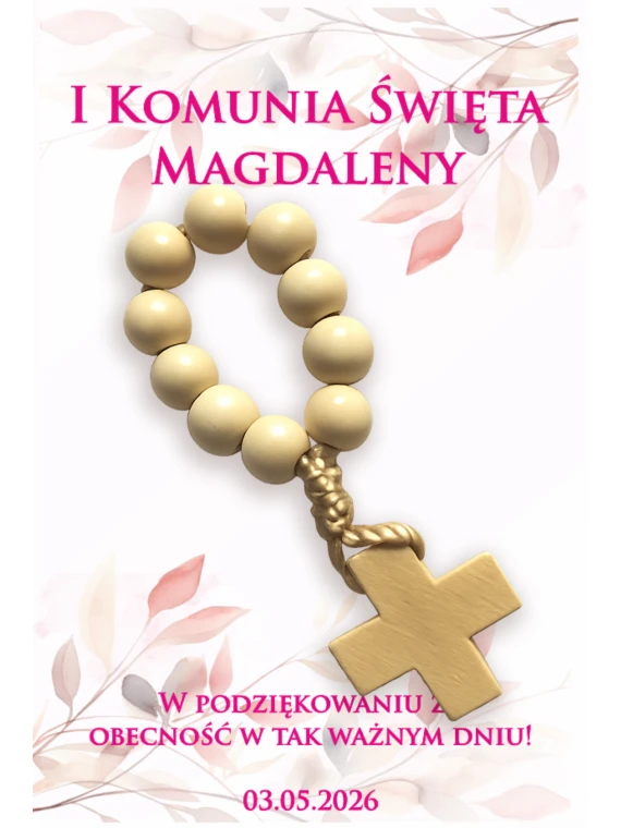 Bilecik komunijny z drewnianą dziesiątką różańca i personalizacją imienia