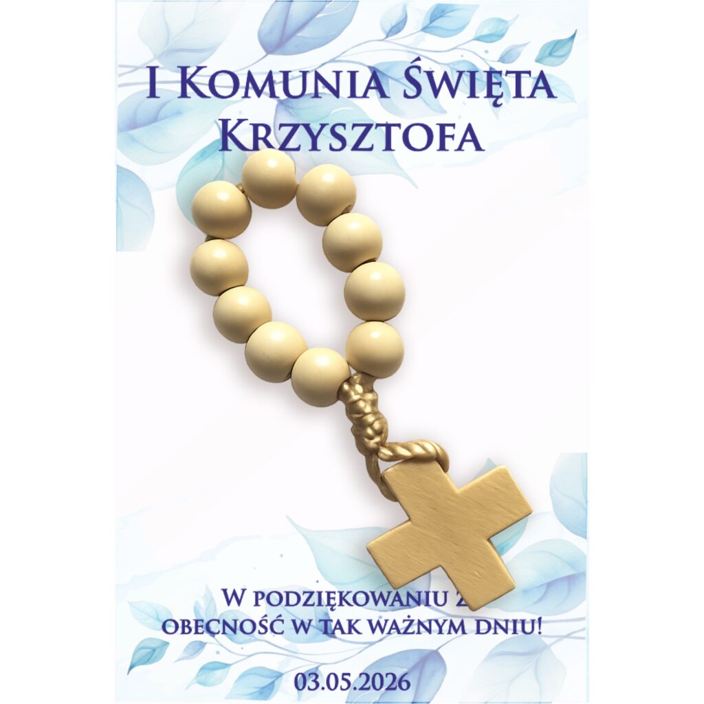 Bilecik komunijny z drewnianą dziesiątką różańca i personalizacją imienia oraz daty