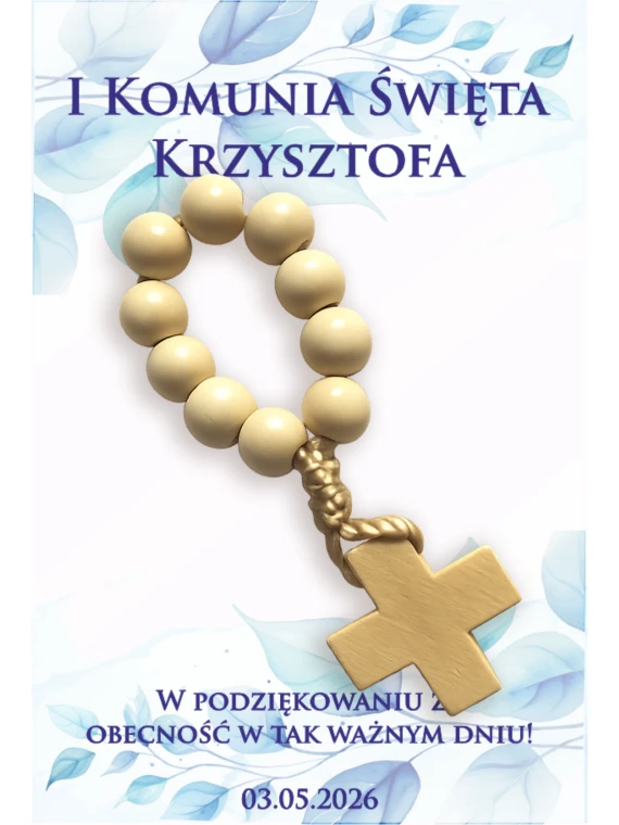 Bilecik komunijny z drewnianą dziesiątką różańca i personalizacją imienia oraz daty