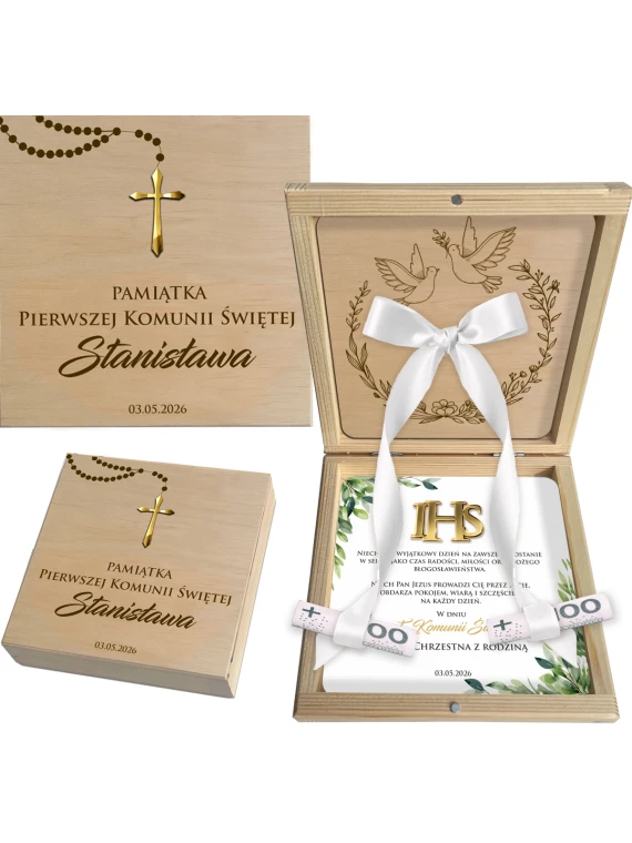 Drewniane pudełko komunijne na pieniądze - otwarte i zamknięte ujęcie produktu