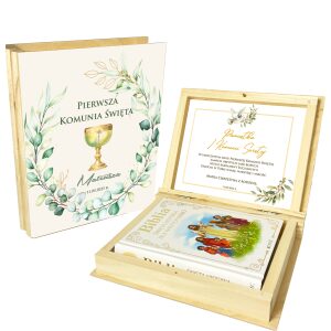 Drewniane pudełko komunijne z Biblią dla dzieci i zamkniętym wieczkiem z personalizacją