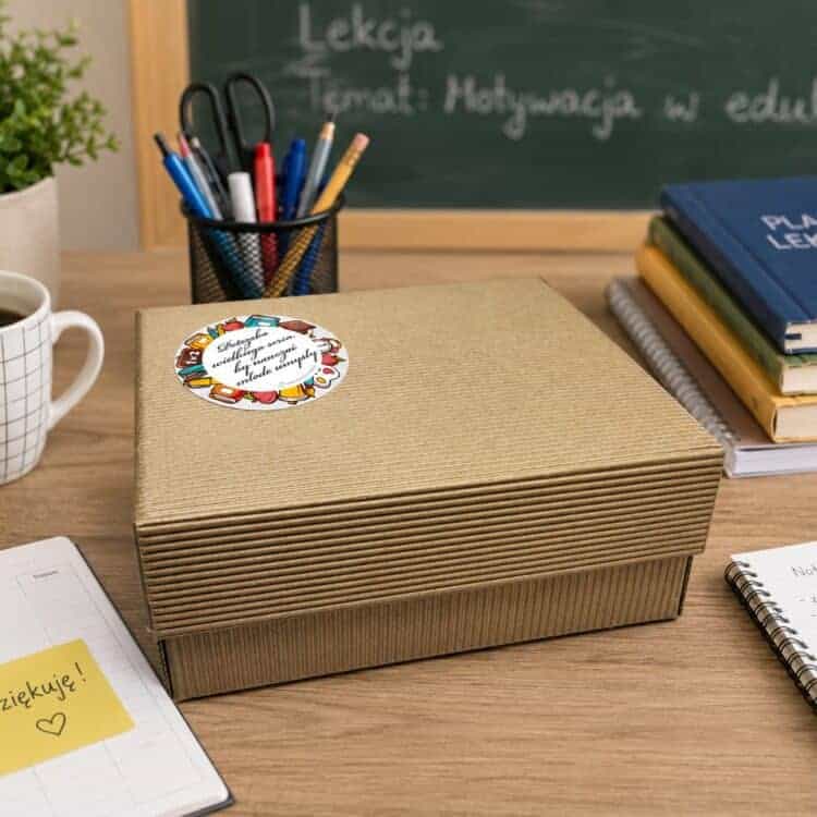 Zamknięte pudełko prezentowe dla nauczyciela z etykietą