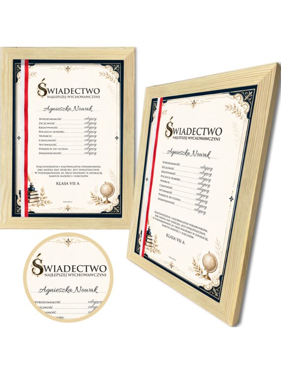 Świadectwo dla nauczyciela w drewnianej ramie A4 z personalizowaną dedykacją