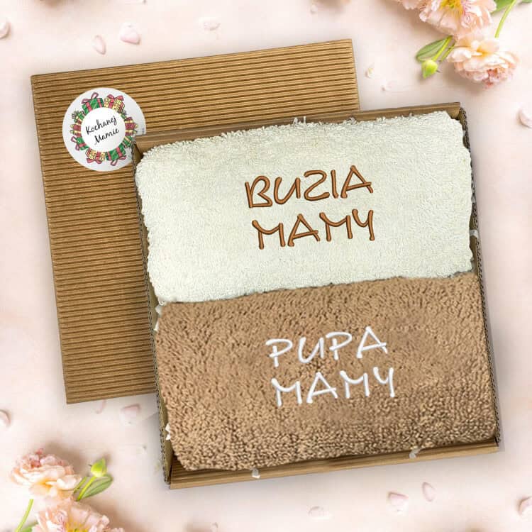 Otwarty zestaw ręczników dla mamy z haftami Buzia mamy i Pupa mamy