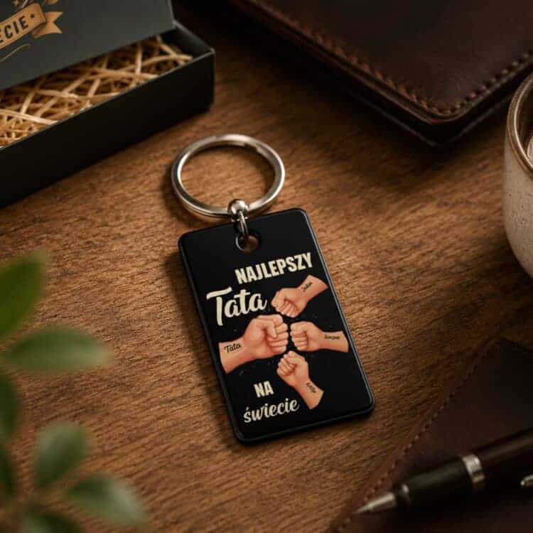 Personalizowany brelok do kluczy dla taty z imionami dzieci na ciemnym tle