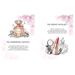 Wnętrze albumu na pieniądze pokazujące dwie strony z ilustracjami: po lewej butelka perfum z biżuterią i napisem 'Na odrobinę luksusu', po prawej szminka, lusterko i sukienka z napisem 'Na piękny wygląd' oraz życzeniami.