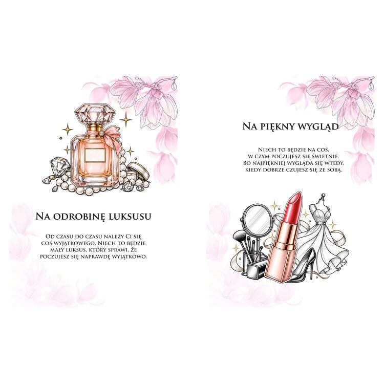 Wnętrze albumu na pieniądze pokazujące dwie strony z ilustracjami: po lewej butelka perfum z biżuterią i napisem 'Na odrobinę luksusu', po prawej szminka, lusterko i sukienka z napisem 'Na piękny wygląd' oraz życzeniami.