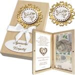 Drewniane pudełko na banknoty dla pary młodej na ślub - Gołąb
