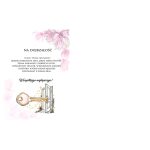 Wnętrze albumu na pieniądze z różowymi kwiatami magnolii, życzeniami na dojrzałość oraz ilustracją otwartych drzwi i złotego klucza