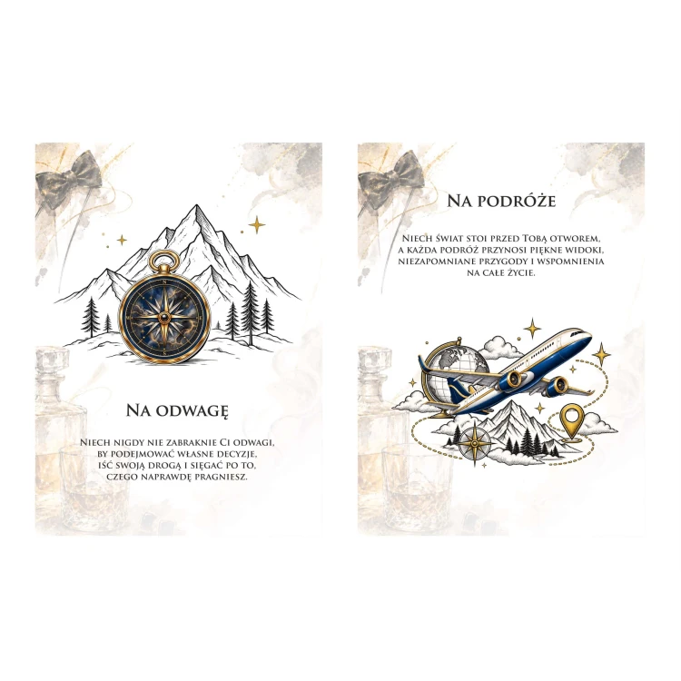 Otwarty album na pieniądze pokazujący dwie wewnętrzne strony z ilustracjami: po lewej kompas i góry z napisem 'Na odwagę', po prawej samolot, globus i mapa z napisem 'Na podróże', obok butelki alkoholu