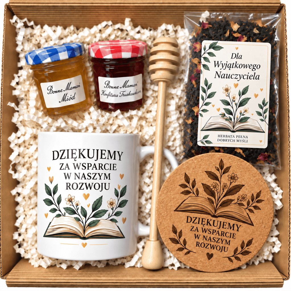 Otwarty kartonowy zestaw z kubkiem, herbatą, słoiczkami miodu i konfitury, drewnianą pałeczką oraz korkową podkładką.